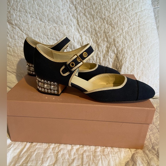 Miu Miu Shoes - MIU MIU Mary Jane Navy Blue Canvas With Swarovski Crystal Heels Shoes Size 38